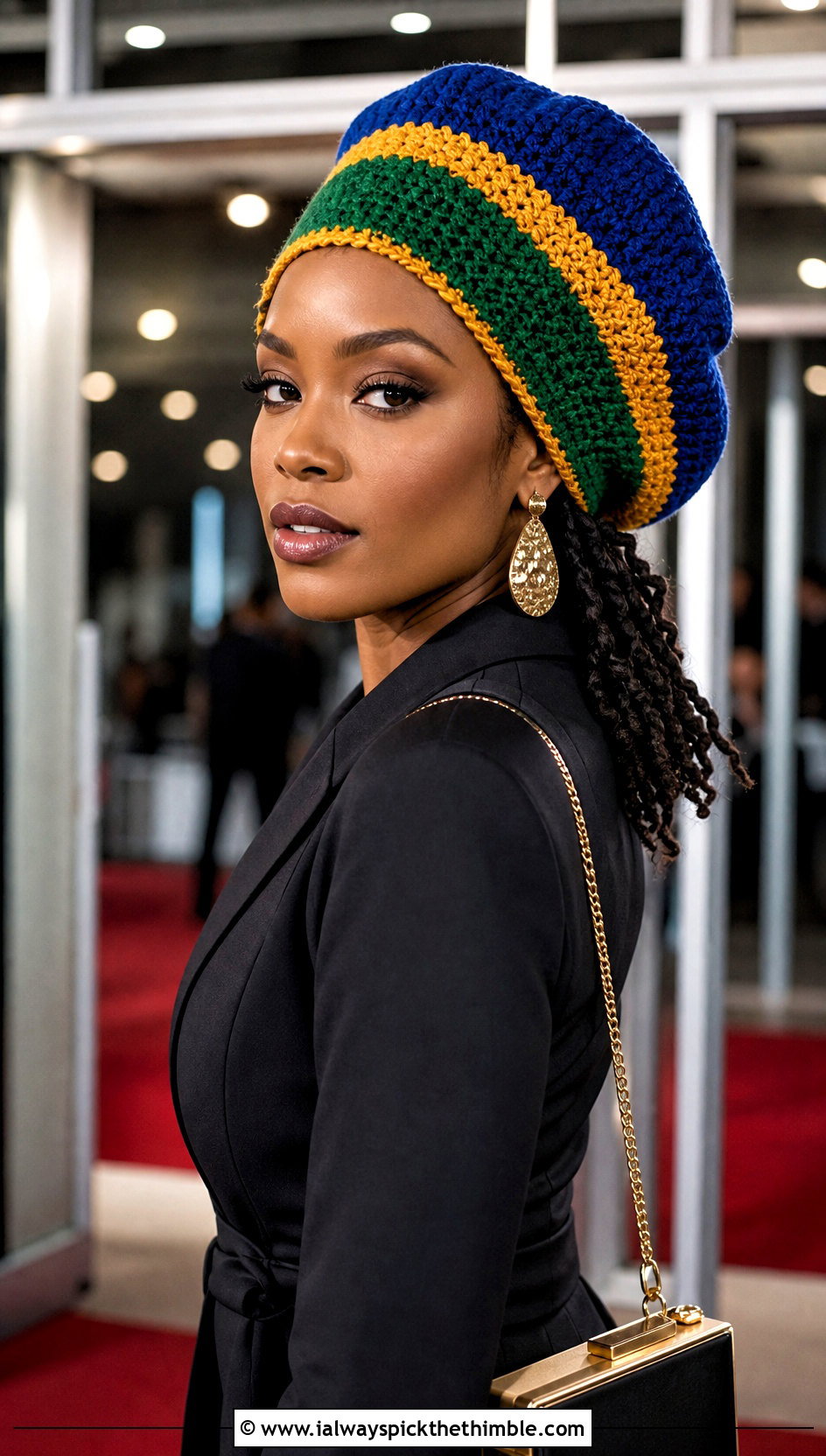 Jamaican Striped Crochet Tam With Blazer Dress - 20 Jamaican Crochet Hat outfit ideas