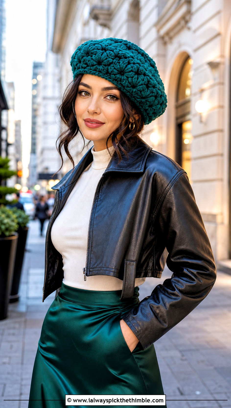 Jasmine Stitch Crochet Beret With Satin Midi Skirt - 20 jasmine stitch crochet hat outfit ideas