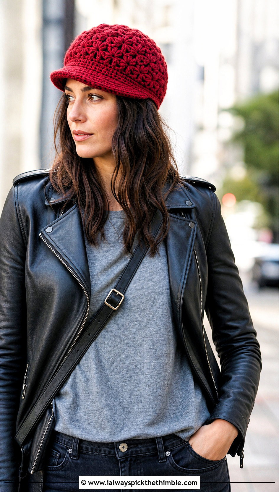Jasmine Stitch Crochet Newsboy Cap With Leather Jacket - 20 jasmine stitch crochet hat outfit ideas