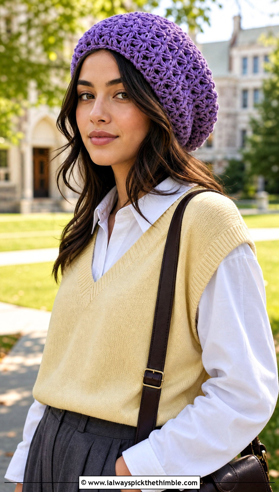 Jasmine Stitch Crochet Oversized Beanie With Sweater Vest - 20 jasmine stitch crochet hat outfit ideas
