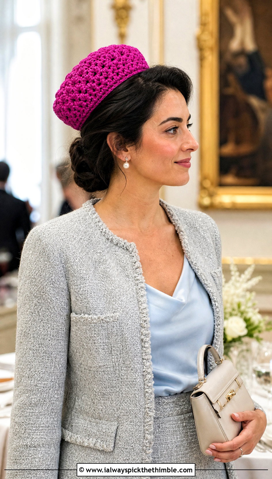 Jasmine Stitch Crochet Pillbox Hat With Tweed Suit - 20 jasmine stitch crochet hat outfit ideas