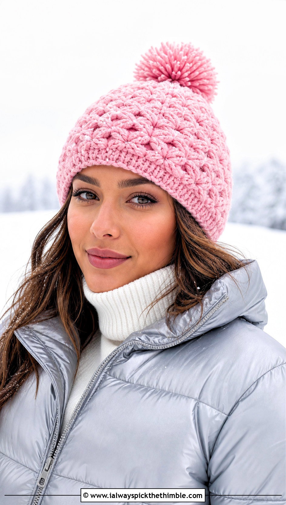 Jasmine Stitch Crochet Pom Pom Beanie With Puffer Jacket - 20 jasmine stitch crochet hat outfit ideas