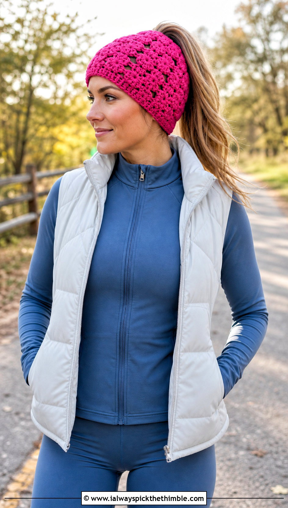 Jasmine Stitch Crochet Ponytail Beanie With Athleisure Set - 20 jasmine stitch crochet hat outfit ideas