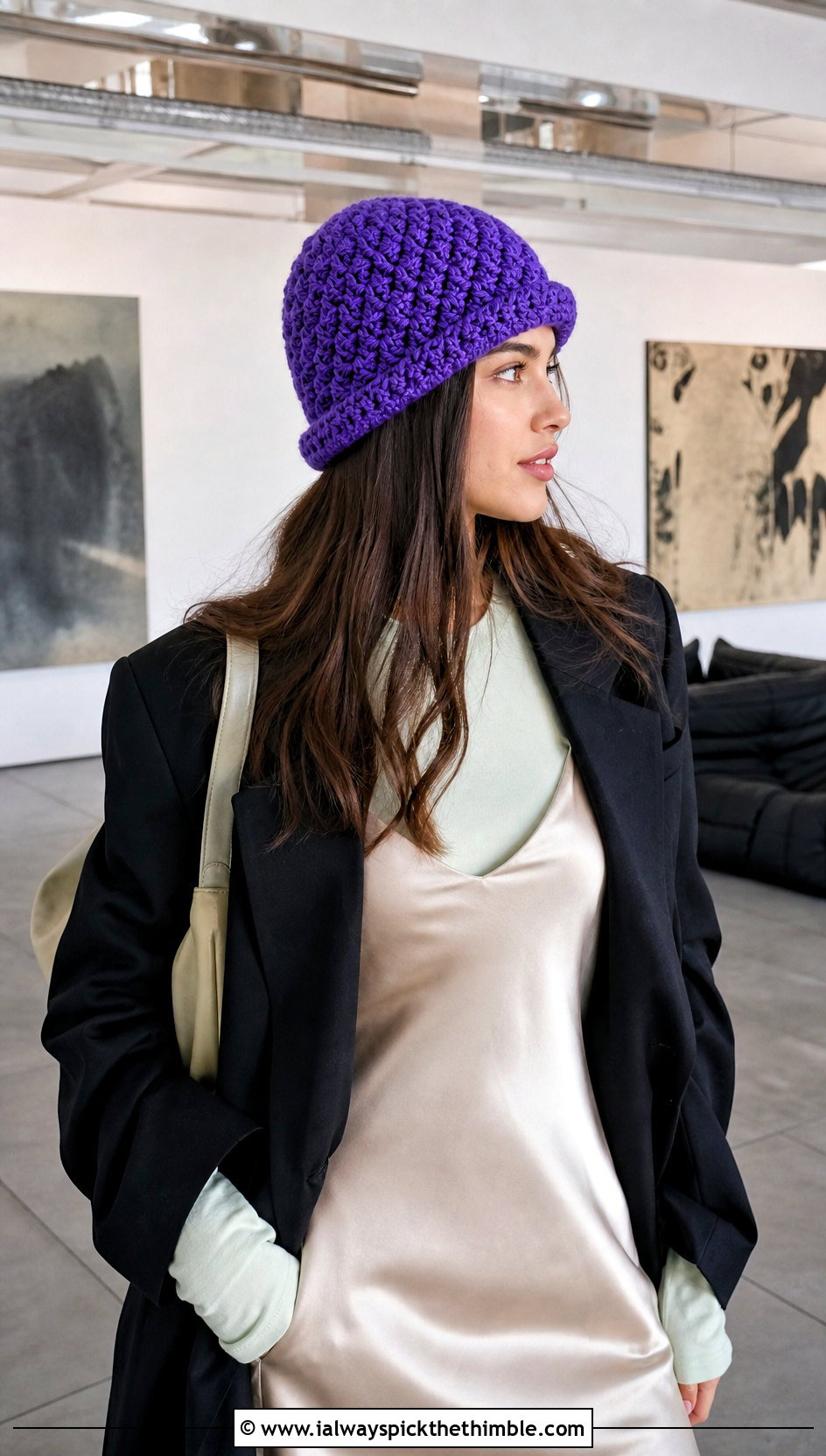 Jasmine Stitch Crochet Rolled Brim Beanie With Slip Dress - 20 jasmine stitch crochet hat outfit ideas