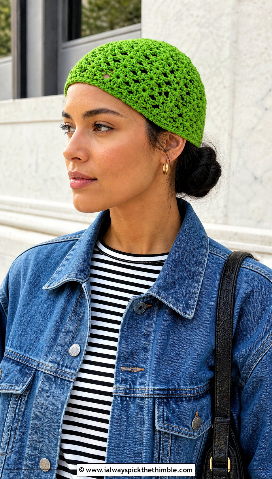 Jasmine Stitch Crochet Skull Cap With Denim Jacket - 20 jasmine stitch crochet hat outfit ideas