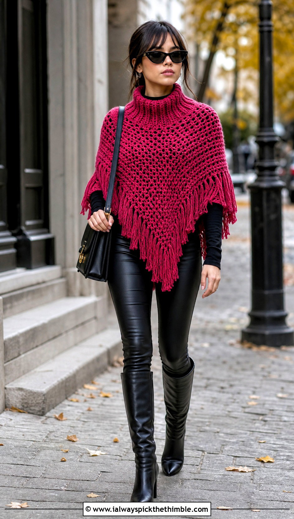 Jenna Ortega Crochet Poncho With Leather Leggings - 20 Celebrities Crochet Outfit ideas