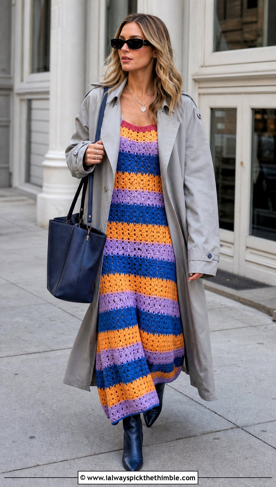 Jessica Simpson Striped Crochet Maxi Dress With Trench Coat - 15 jessica simpson crochet dress outfit ideas