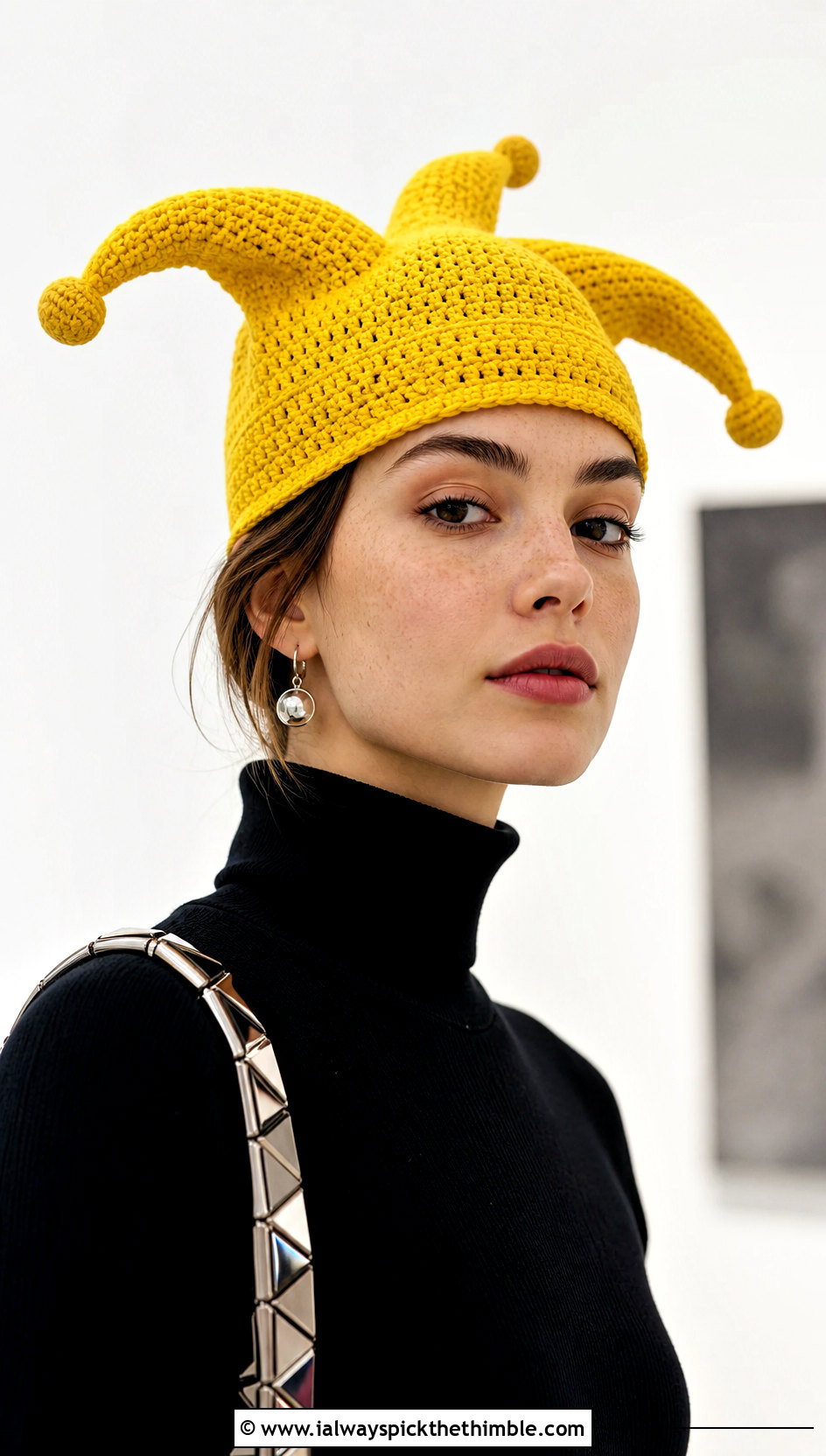 Jester Crochet Hat With Minimal Black Outfit - 20 Weird Crochet Hat outfit ideas