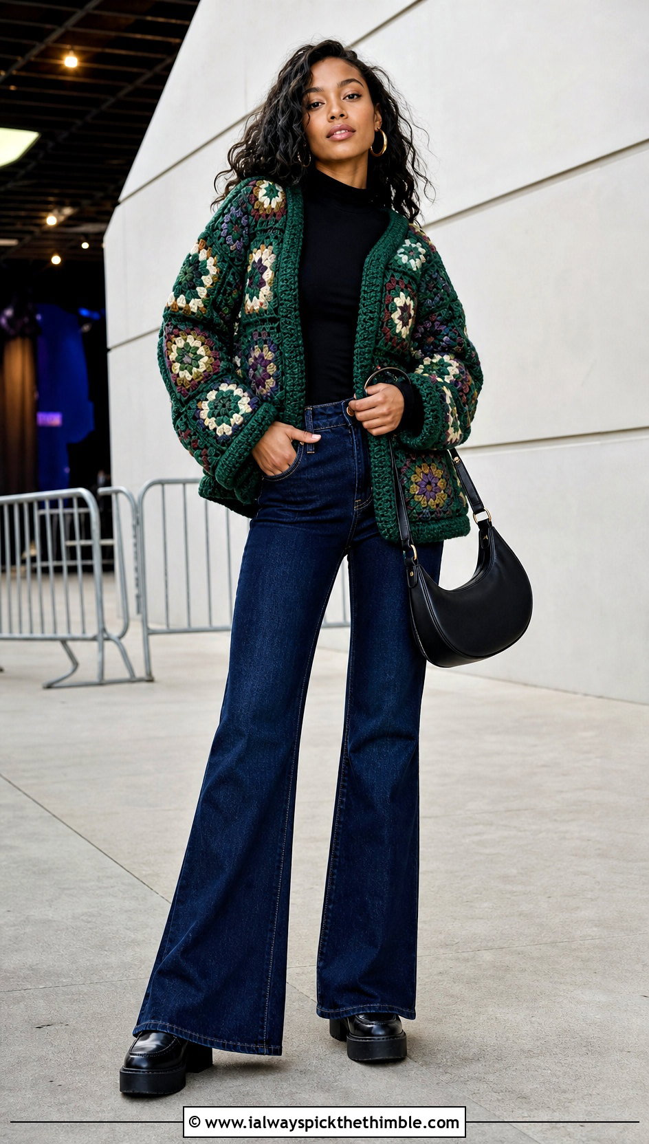 Jewel Tone African Flower Granny Square Cardigan With Flared Jeans - 20 african flower granny square cardigan outfit ideas