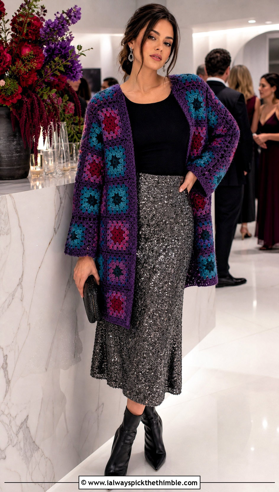 Jewel Tone Granny Square Cardigan With Sequin Midi Skirt - 15 originally lovely granny square cardigan outfit ideas