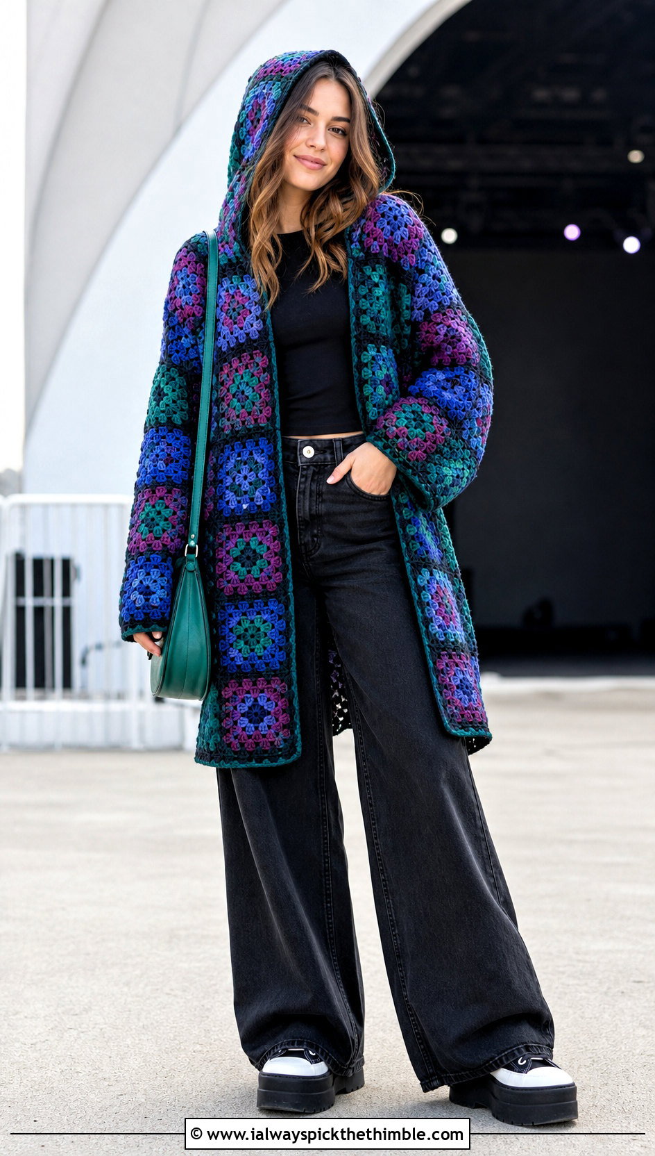Jewel Tone Granny Square Hooded Cardigan With Black Wide Leg Jeans - 20 Granny Square Hooded Cardigan outfit ideas