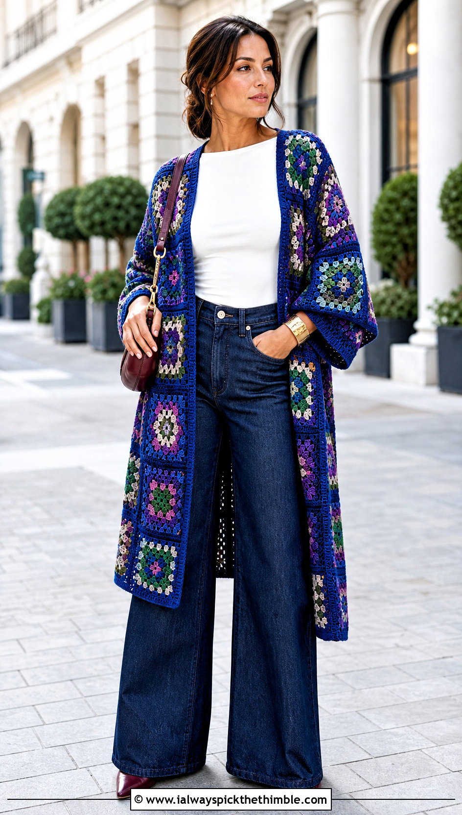 Jewel Tone Granny Square Kimono With Wide Leg Jeans - 20 granny square kimono outfit ideas