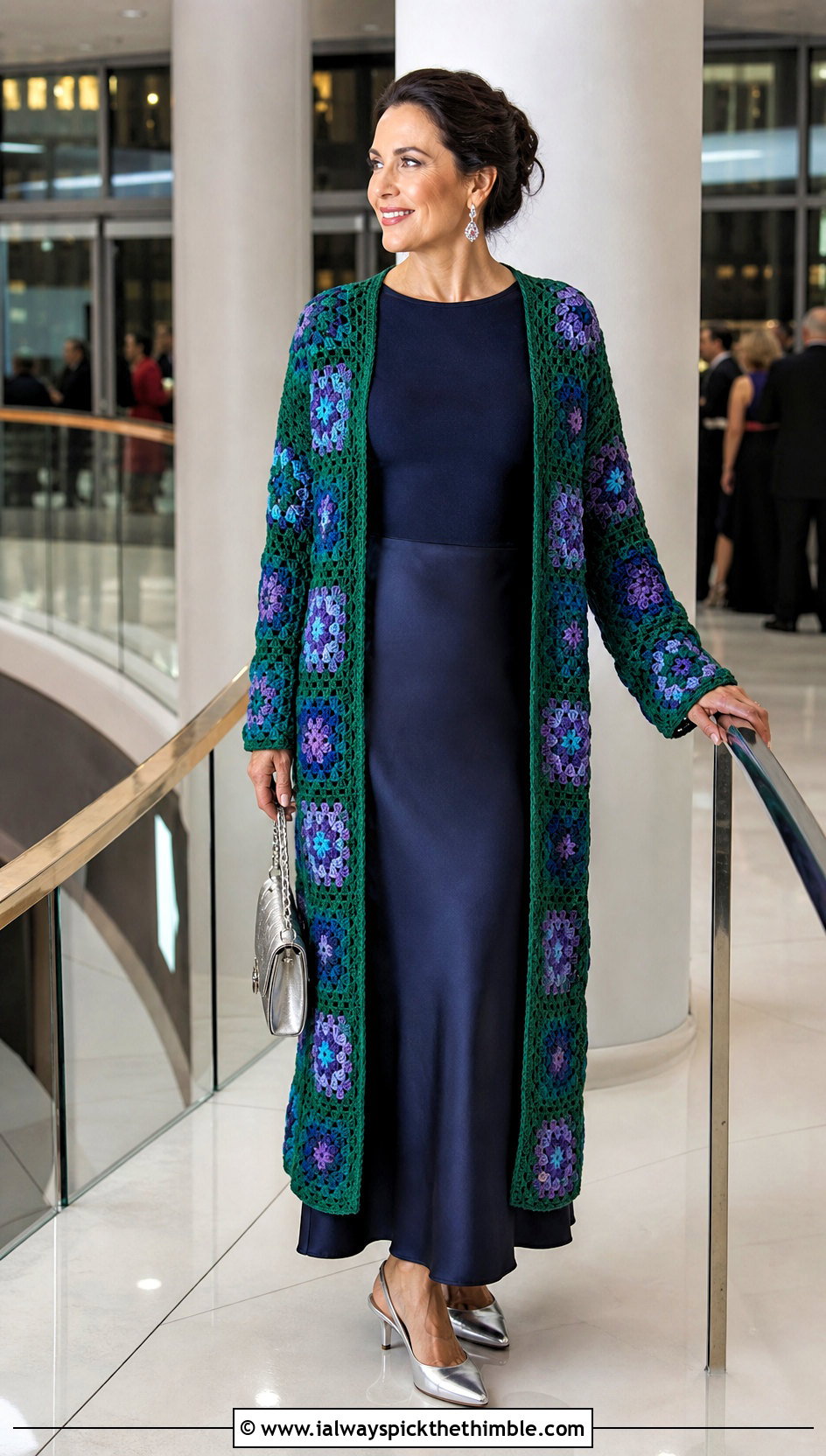 Jewel Tone Granny Square Long Cardigan With Satin Maxi Skirt - 25 long granny square cardigan outfit ideas