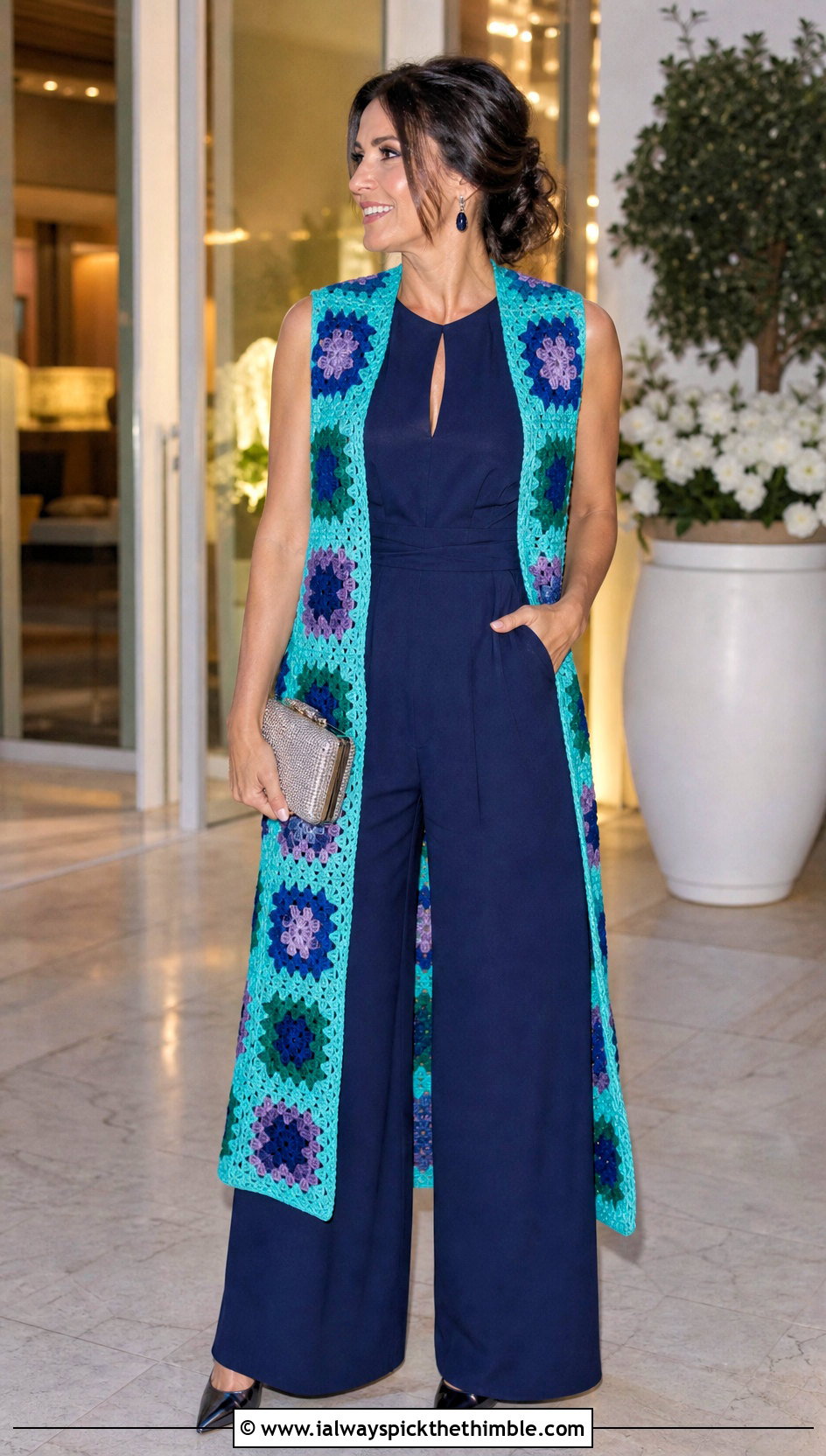 Jewel Tone Granny Square Long Vest With Jumpsuit And Heels - 20 Granny Square Long Vest outfit ideas