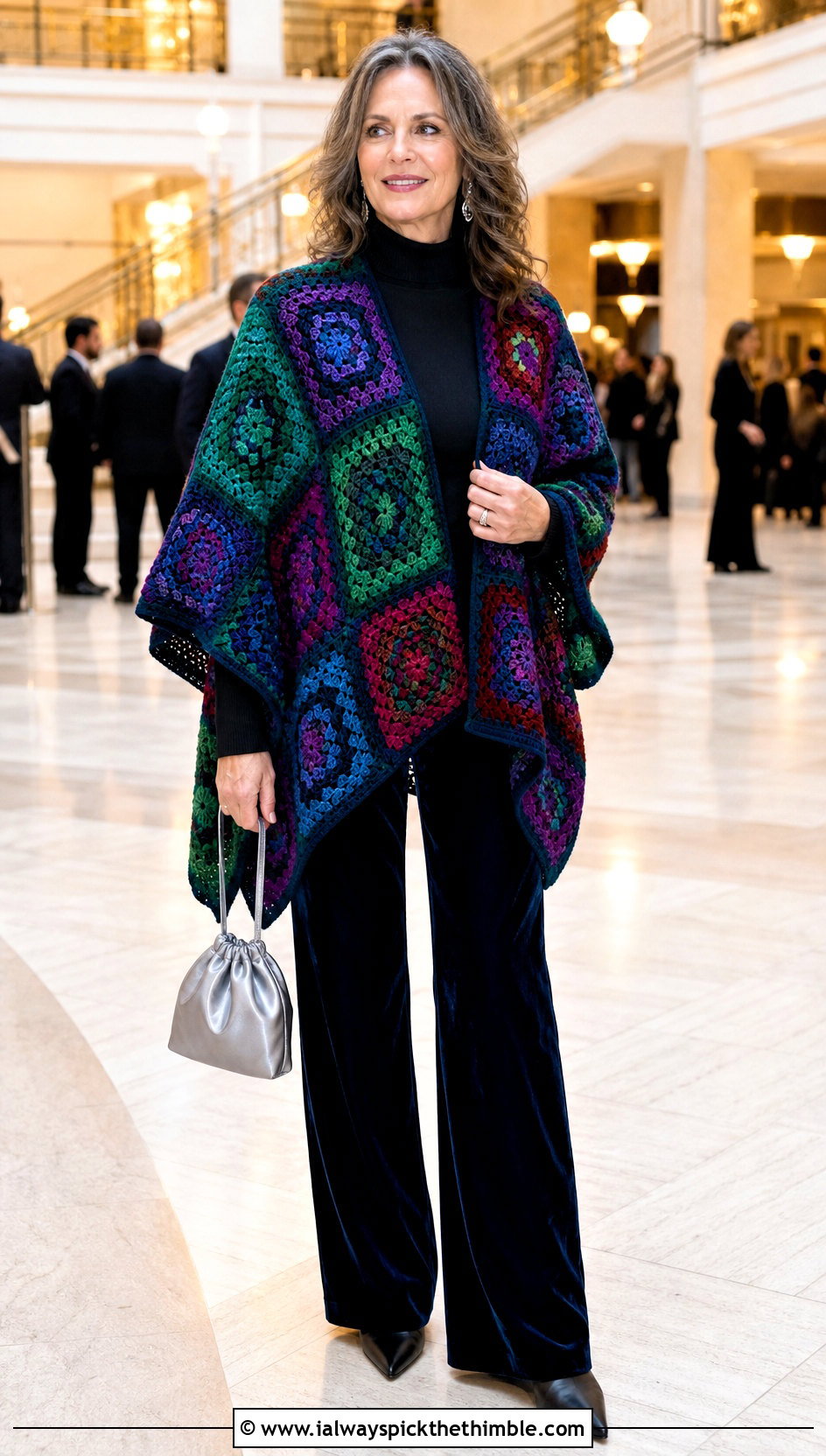 Jewel Tone Granny Square Ruana With Velvet Pants - 20 Granny Square Ruana outfit ideas