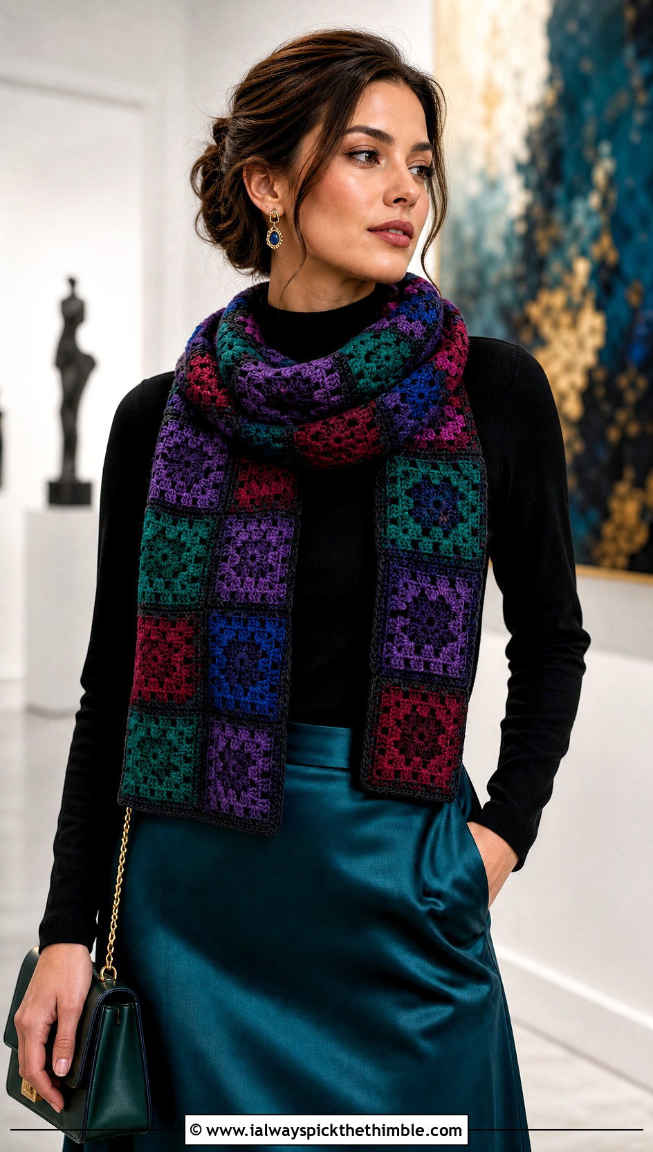 Jewel Tone Granny Square Scarf With Satin Skirt And Turtleneck - 20 crochet granny square scarf outfit ideas