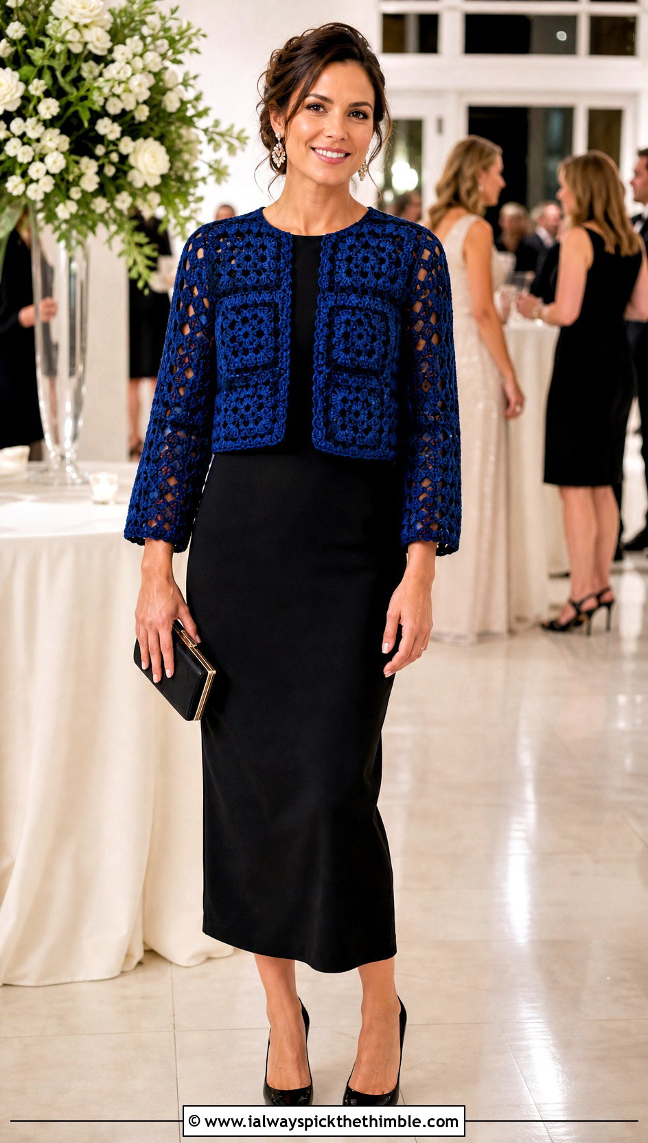 Jewel Tone Granny Square Shrug With Black Column Dress - 20 Crochet Granny Shrug outfit ideas