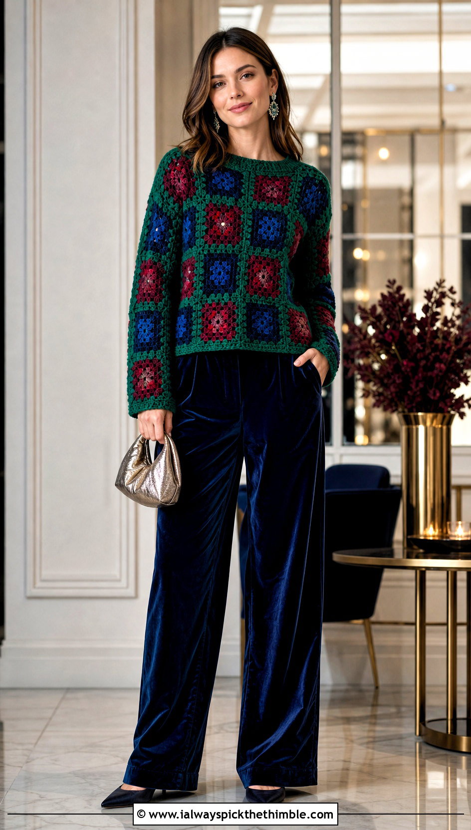 Jewel Tone Granny Square Sweater With Velvet Trousers - 25 granny square sweater outfit ideas