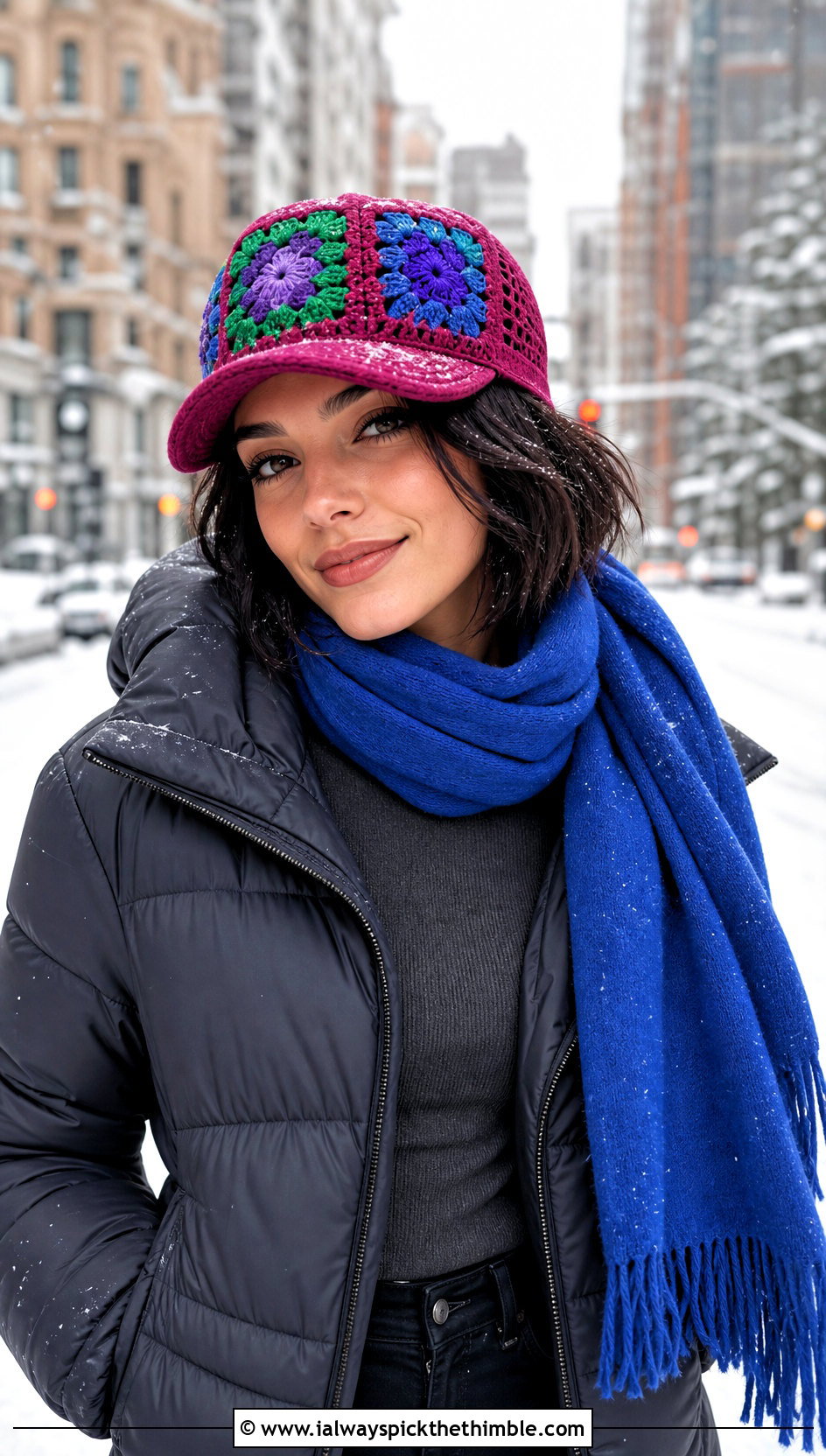 Jewel Tone Granny Square Trucker Hat With Puffer Jacket And Thermal Layers - 25 granny square trucker hat outfit ideas