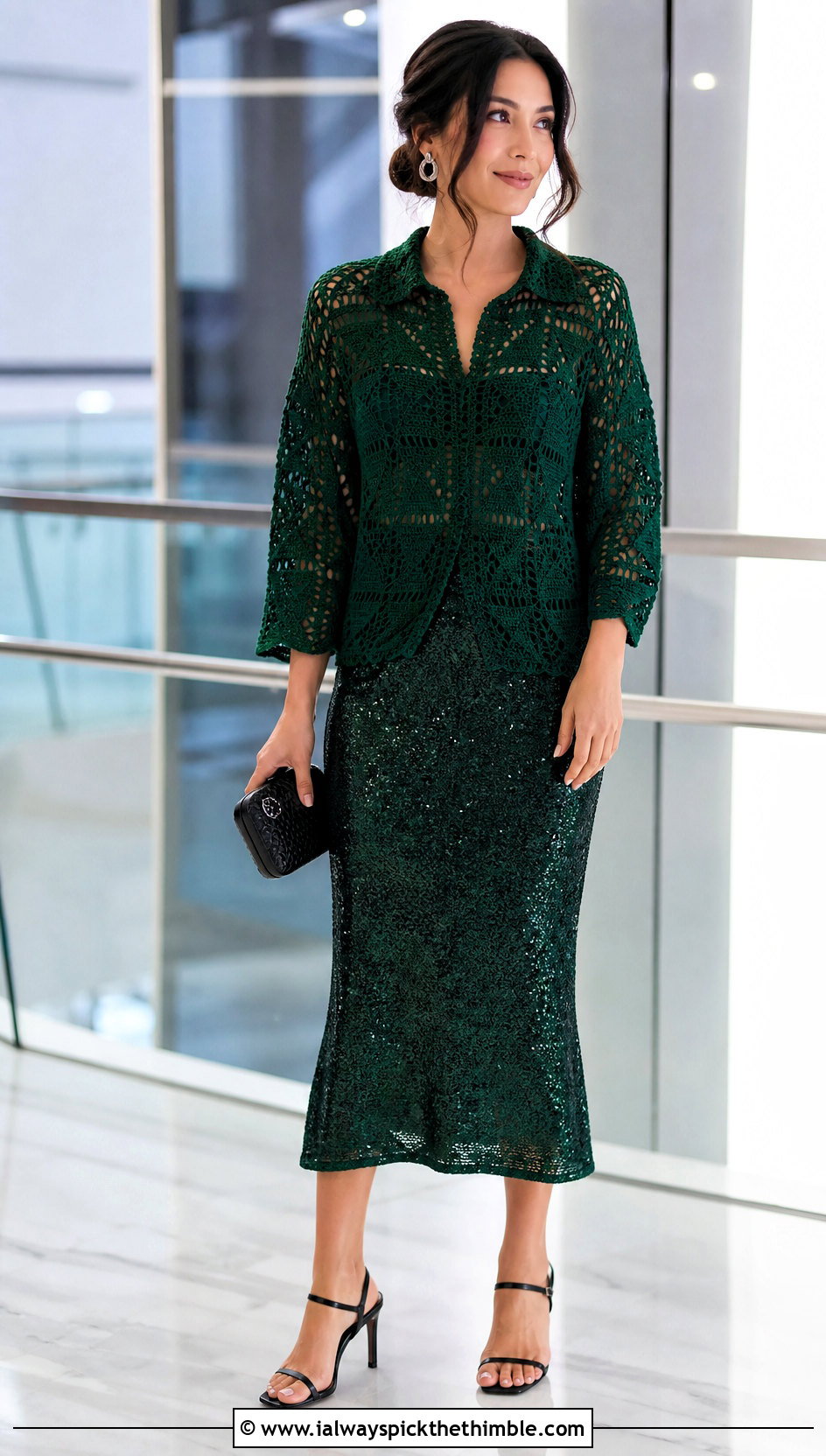 Jewel Tone Relaxagon Crochet Shirt With Sequin Skirt - 20 crochet relaxagon shirt outfit ideas