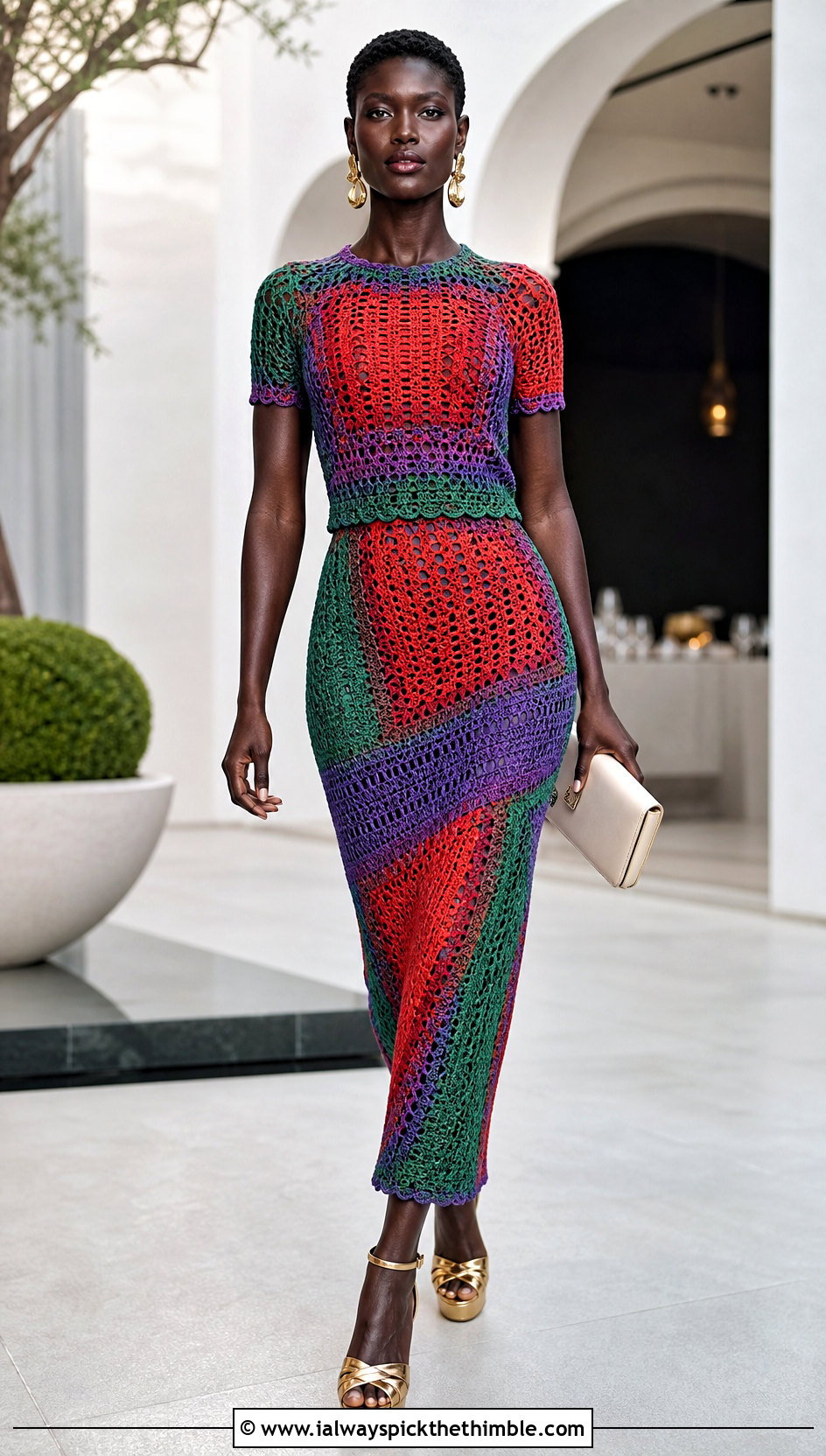 Jodie Turner Smith Crochet Co Ord Set With Platform Sandals - 20 Celebrities Crochet Outfit ideas