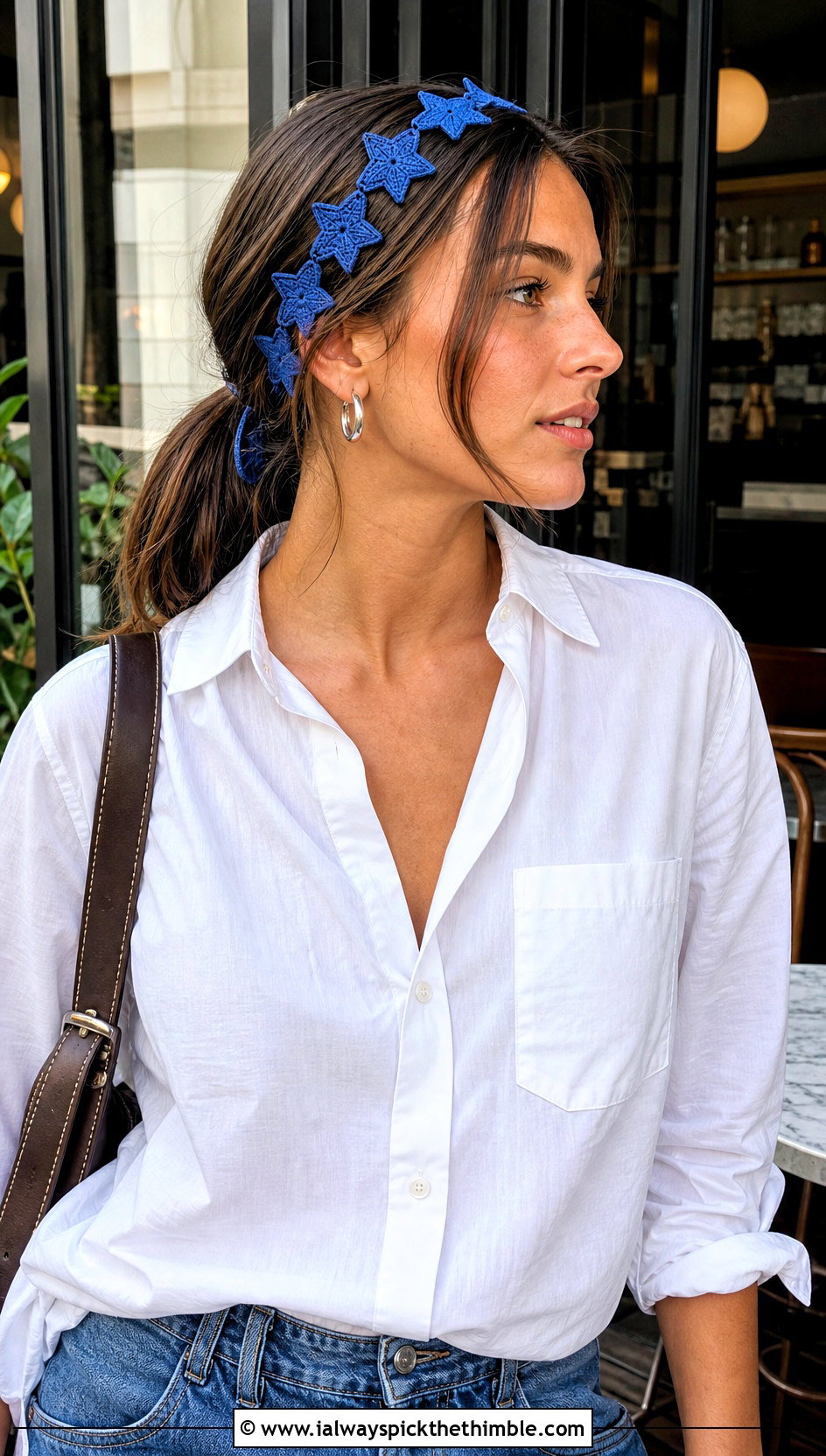 Joined Star Tie Headband With Jeans And White Shirt - 20 crochet star headband outfit ideas