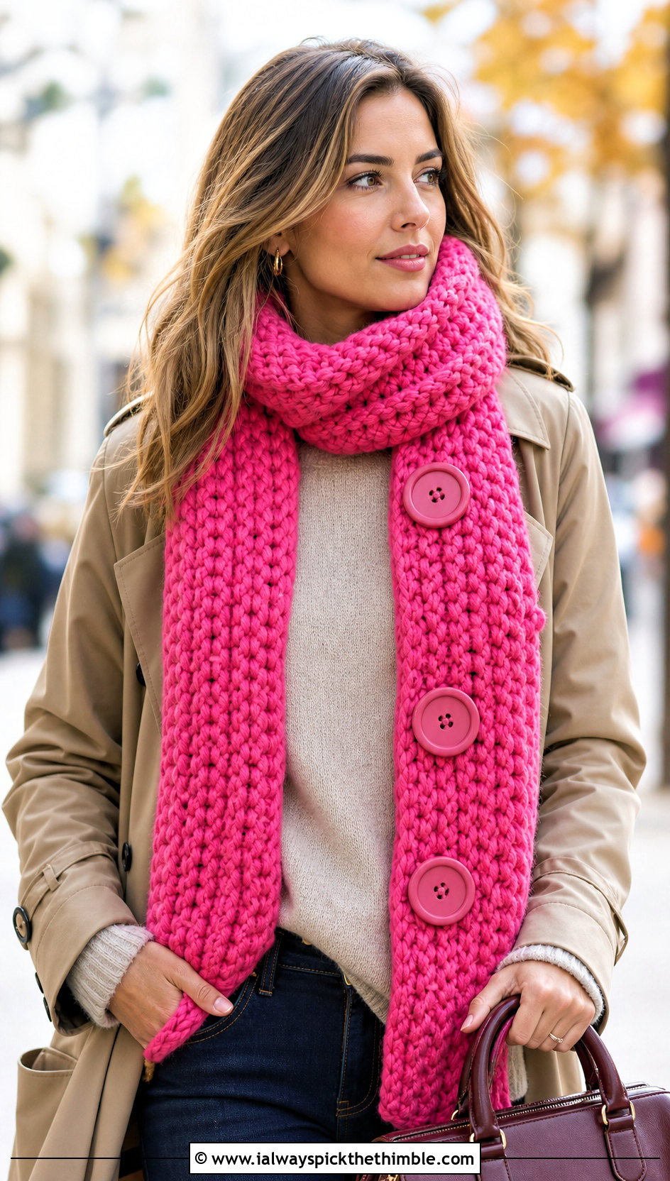 Jumbo Buttoned Crochet Scarf With Trench Coat - 15 Jumbo Yarn Crochet Scarf outfit ideas