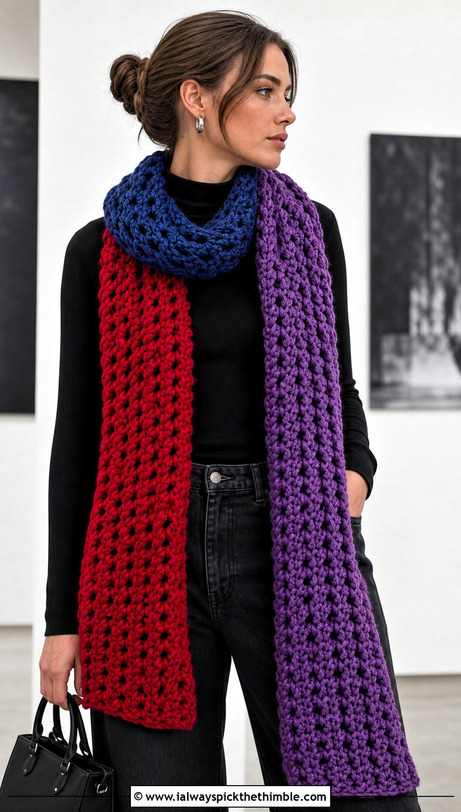 Jumbo Color Block Crochet Scarf With Monochrome Outfit - 15 Jumbo Yarn Crochet Scarf outfit ideas