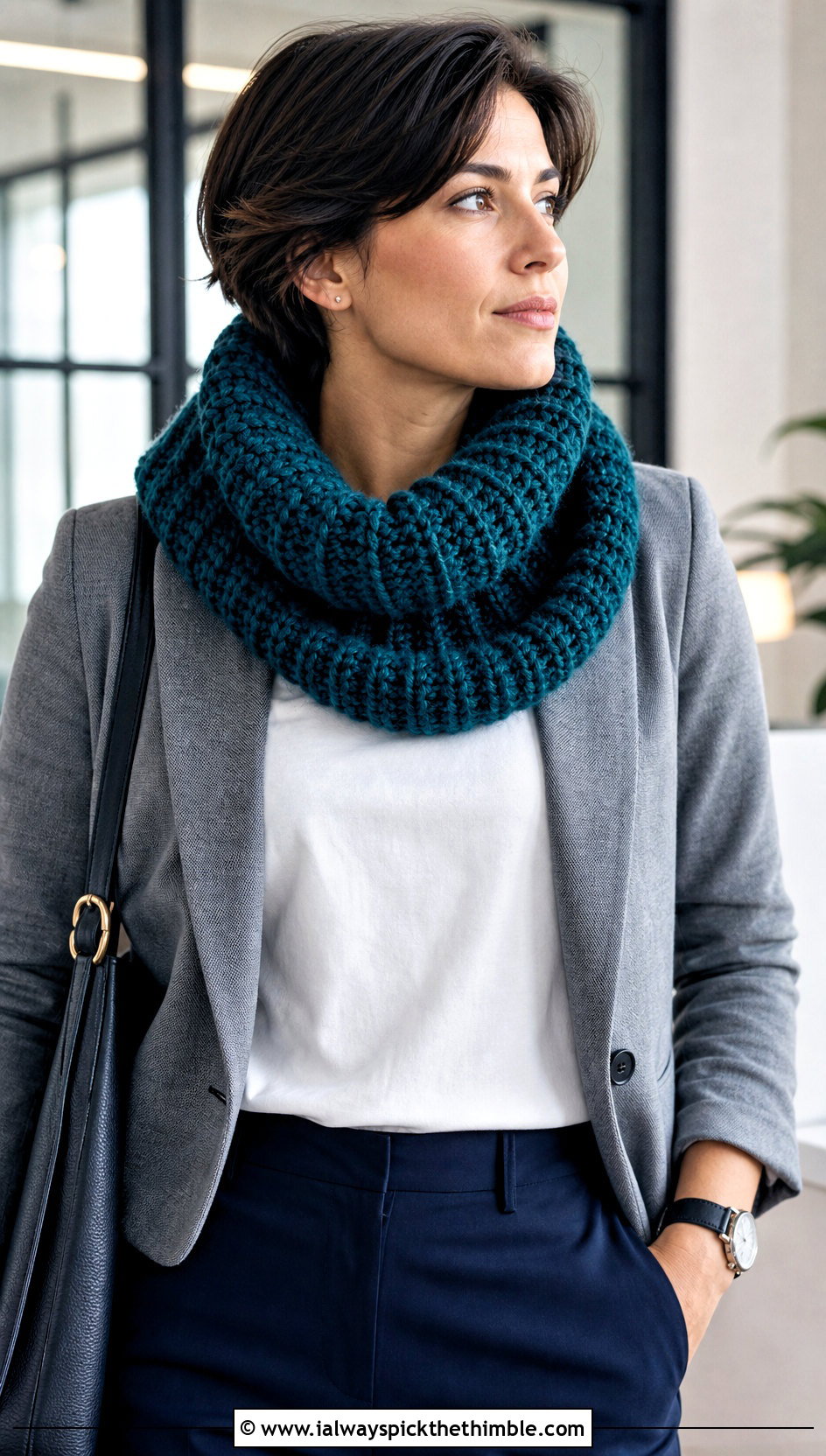 Jumbo Crochet Cowl With Blazer And Trousers - 15 Jumbo Yarn Crochet Scarf outfit ideas