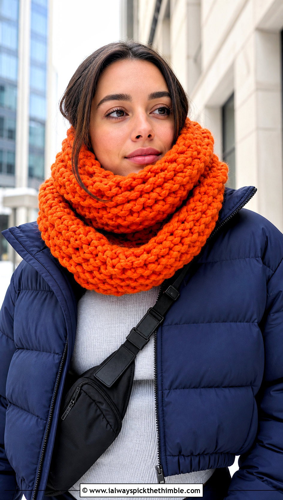 Jumbo Crochet Snood With Puffer Jacket - 15 Jumbo Yarn Crochet Scarf outfit ideas