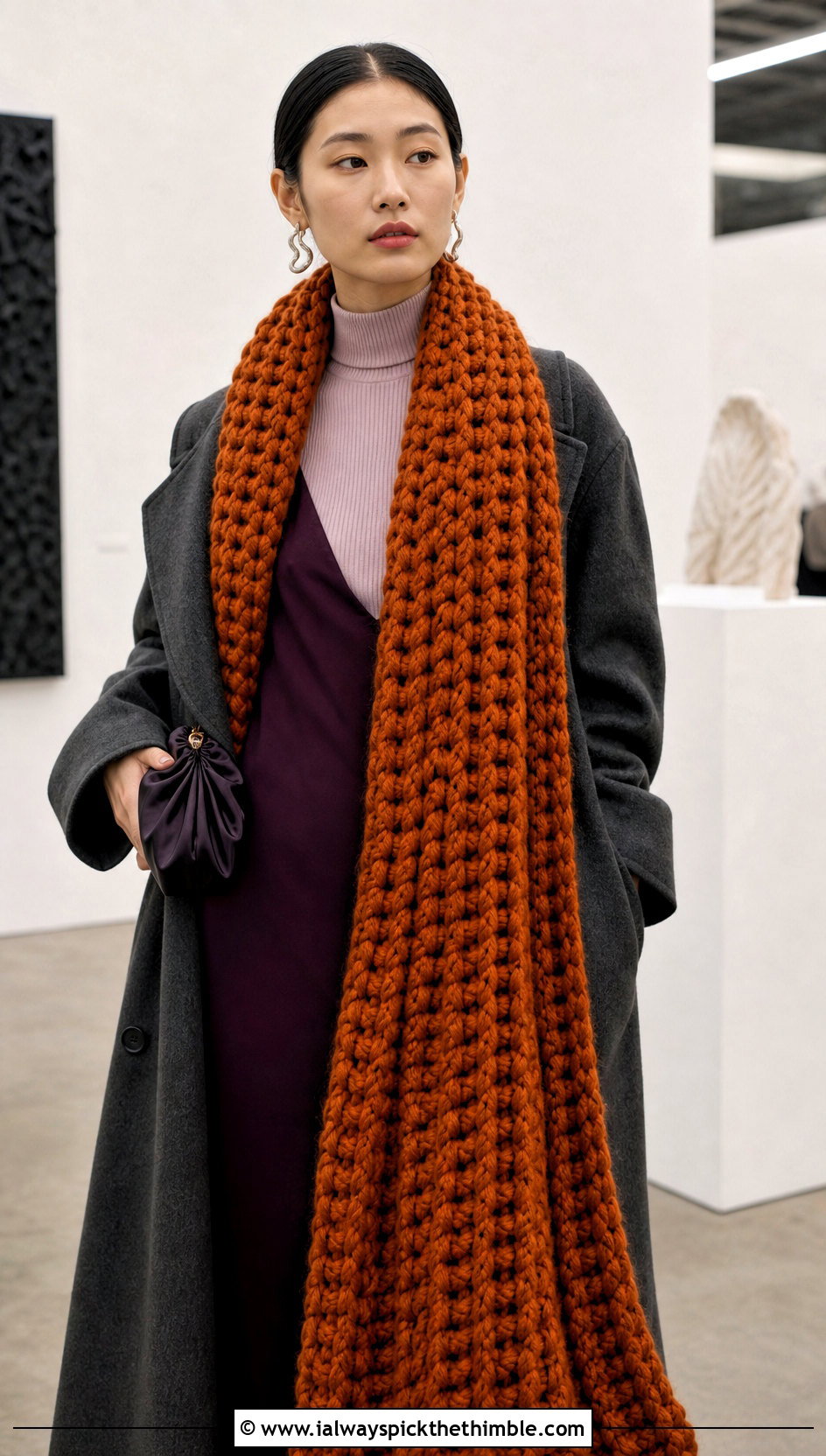 Jumbo Extra Long Crochet Scarf With Slip Dress - 15 Jumbo Yarn Crochet Scarf outfit ideas