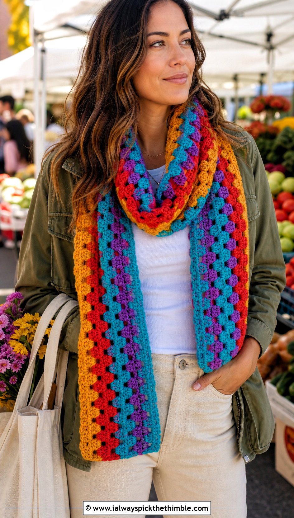 Jumbo Granny Stripe Crochet Scarf With Utility Jacket - 15 Jumbo Yarn Crochet Scarf outfit ideas