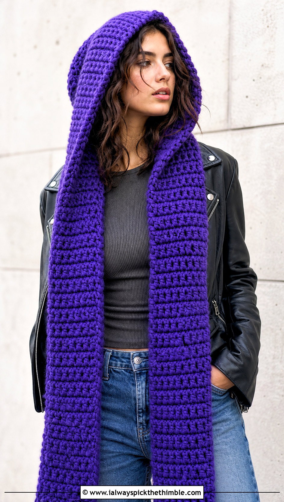 Jumbo Hooded Crochet Scarf With Leather Jacket - 15 Jumbo Yarn Crochet Scarf outfit ideas