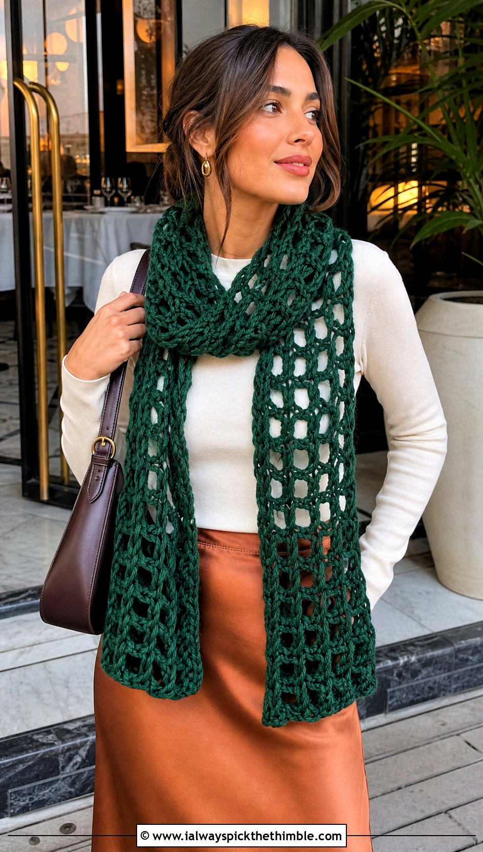 Jumbo Open Stitch Crochet Scarf With Satin Skirt - 15 Jumbo Yarn Crochet Scarf outfit ideas