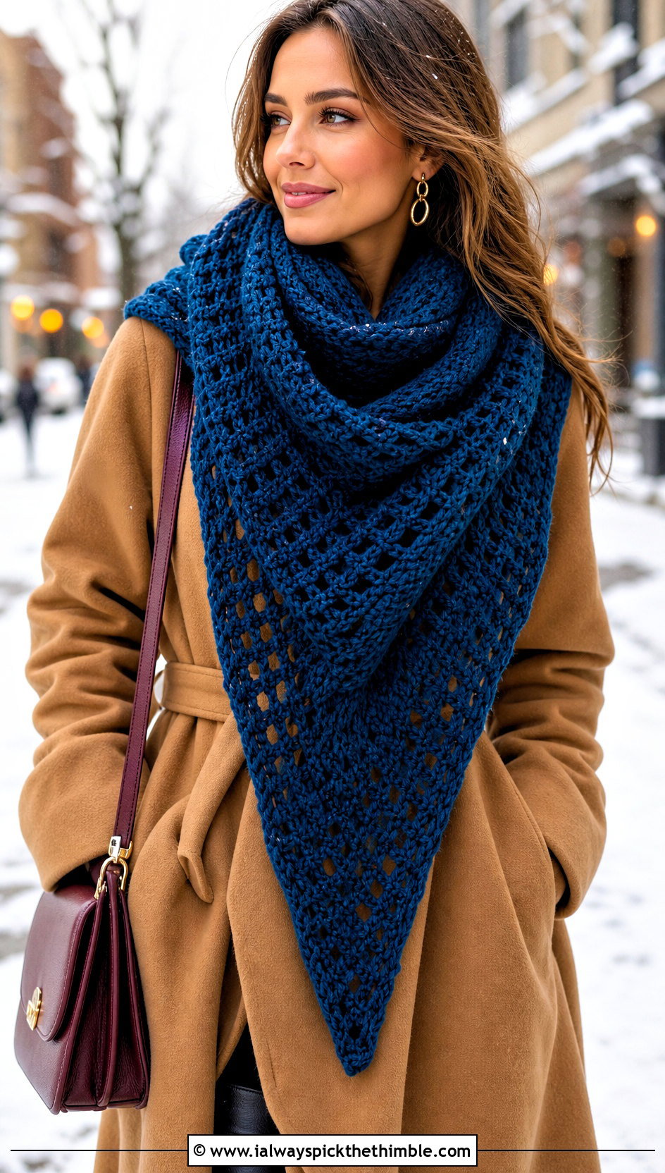 Jumbo Triangle Crochet Scarf With Belted Coat - 15 Jumbo Yarn Crochet Scarf outfit ideas