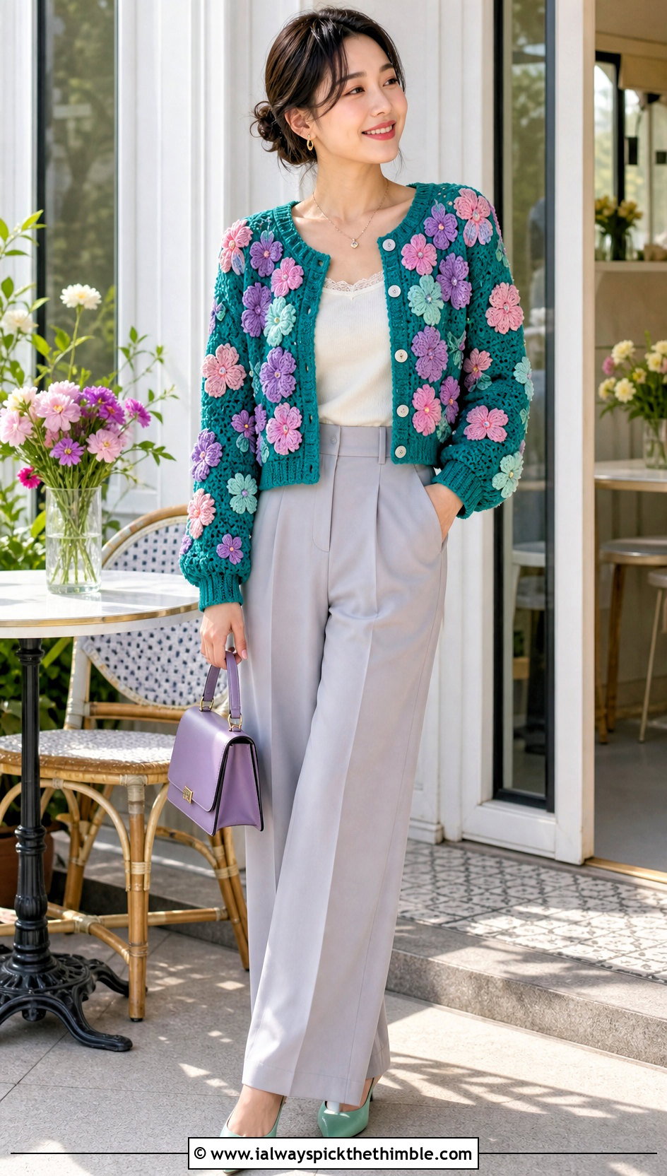 Kanae Floral Crochet Cardigan With Pleated Trousers - 25 Demon Slayer Crochet Cardigan outfit ideas