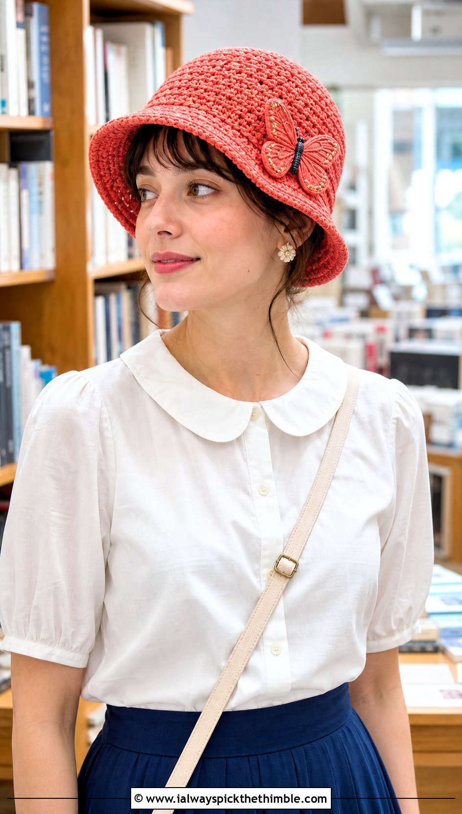 Kanao Butterfly Cloche Hat With Blouse and Midi Skirt - 20 Demon Slayer Crochet Hat outfit ideas