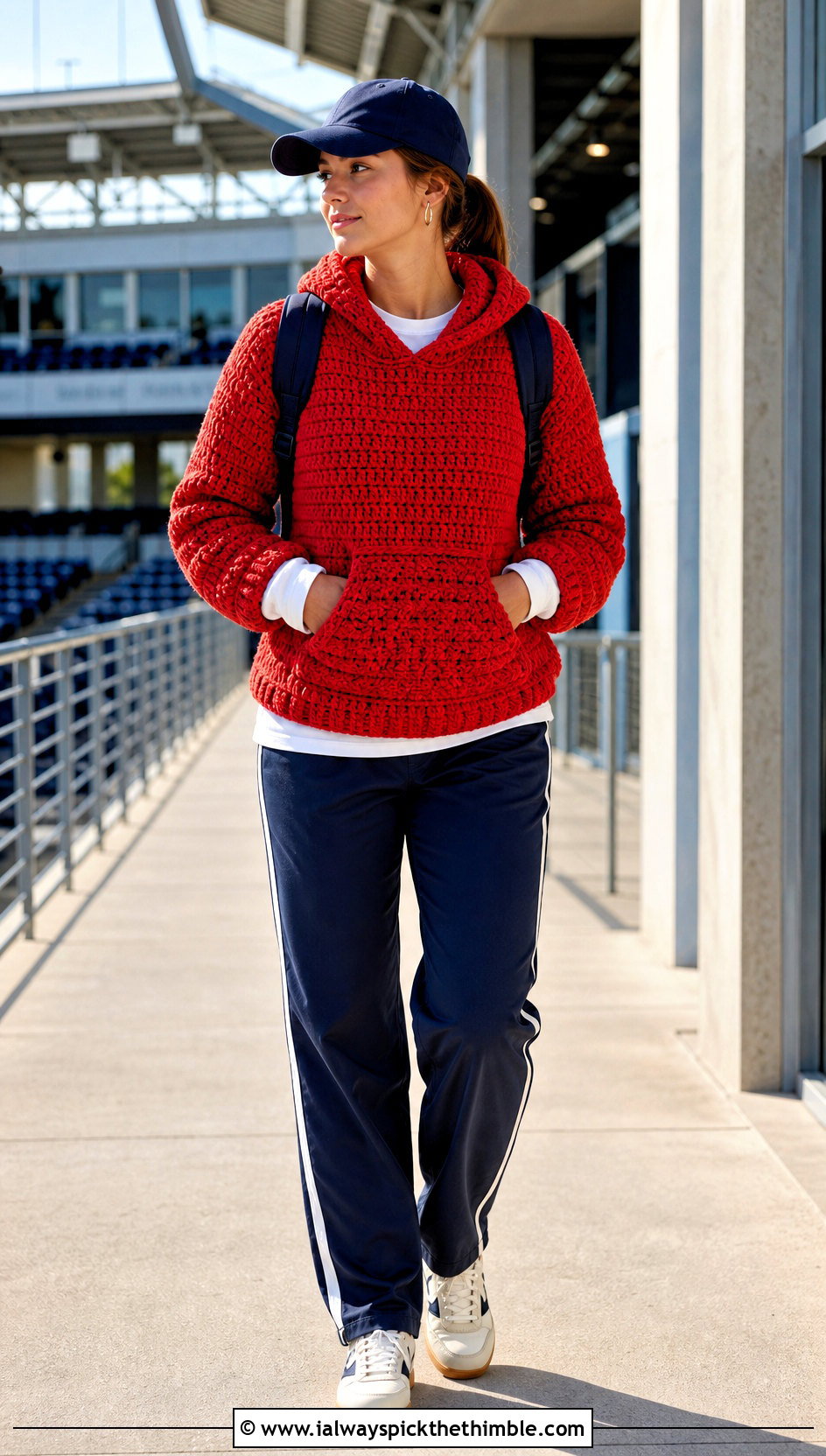 Kangaroo Pocket Chunky Crochet Hoodie With Track Pants - 20 crochet chunky hoodie outfit ideas