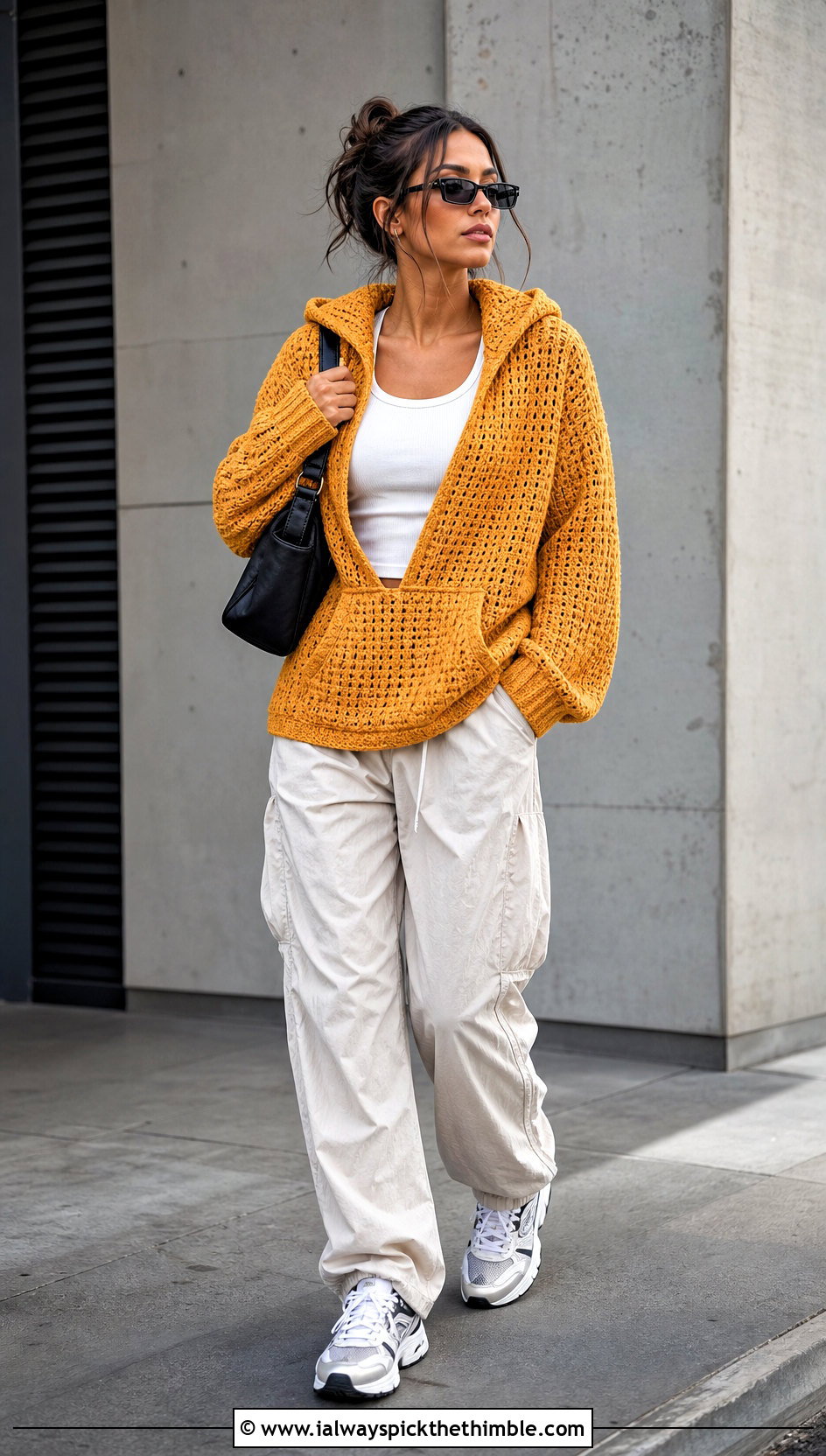 Kangaroo Pocket Hooded Crochet Sweater With Parachute Pants - 20 Hooded Crochet Sweater outfit ideas