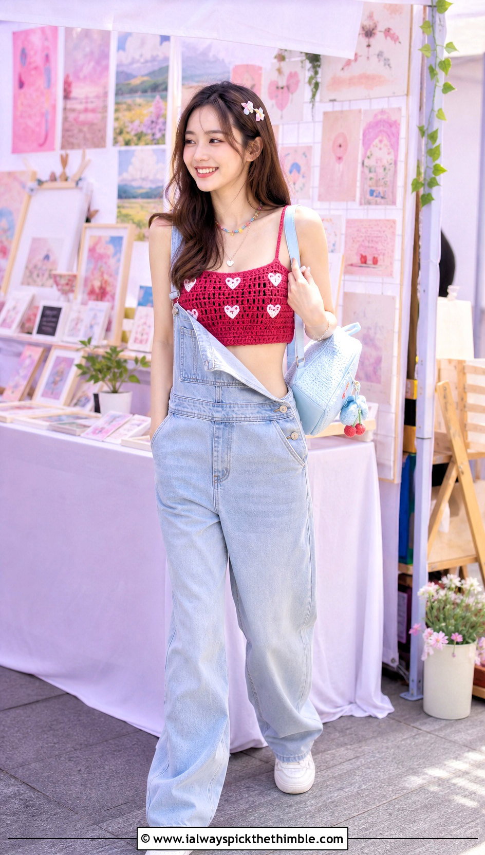 Kawaii Crochet Crop Top With Denim Overalls - 20 anime inspired crochet clothes and outfit ideas