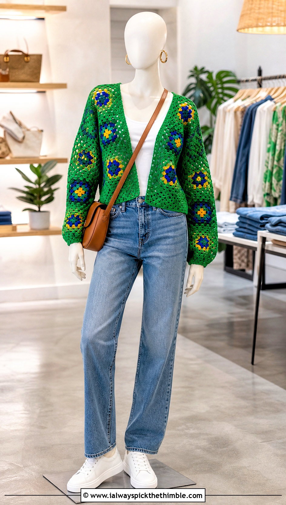 Kelly Green Granny Square Crochet Sweater With Straight Leg Jeans - 15 Green Crochet Sweater On Mannequin outfit ideas