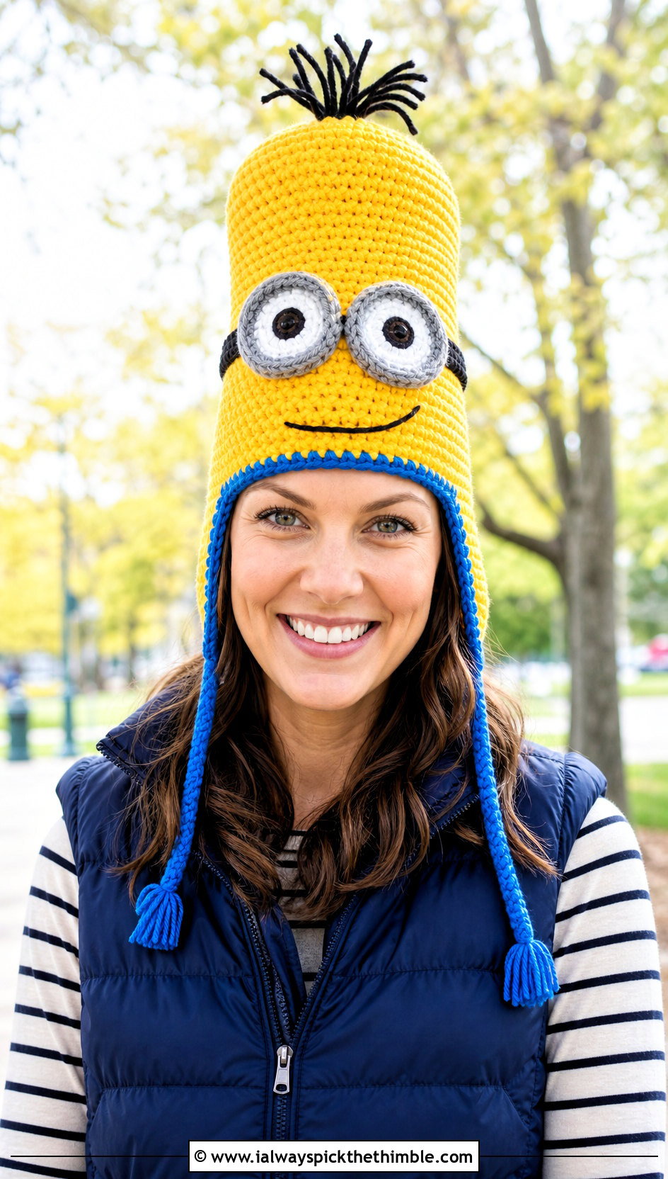 Kevin Tall Crown Crochet Minion Hat With Puffer Vest - 20 Crochet Minion Hats outfit ideas