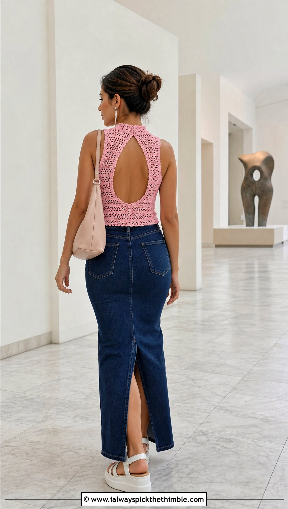 Keyhole Back Crochet Top With Denim Maxi Skirt - 20 Crochet Backless Top outfit ideas