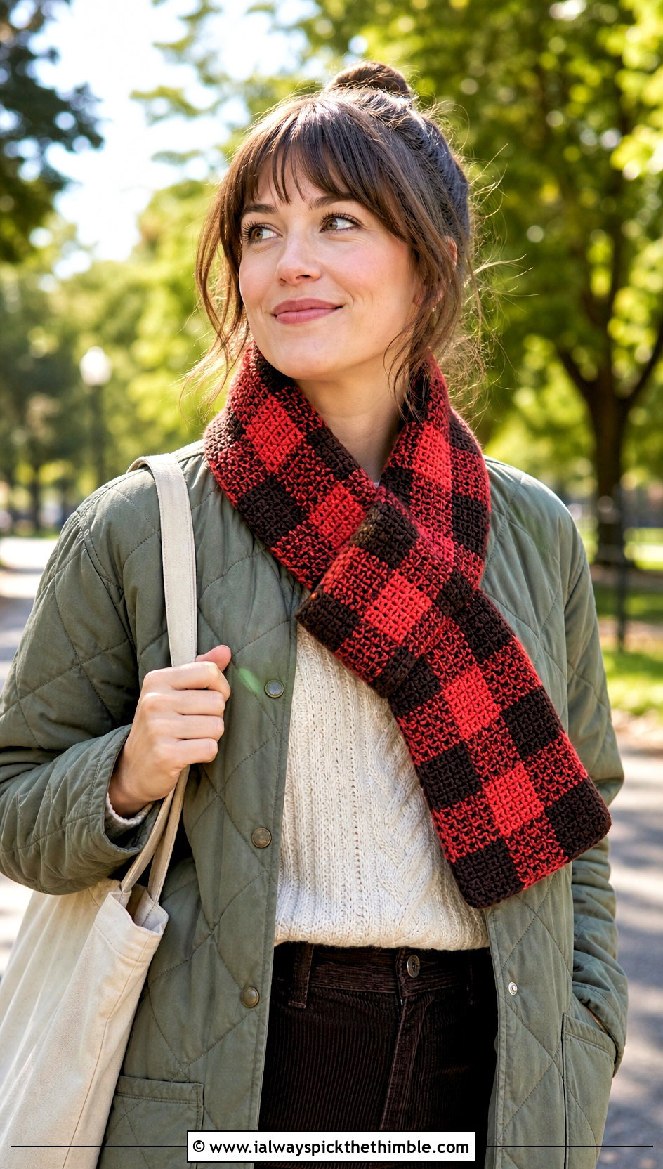 Keyhole Buffalo Plaid Crochet Scarf With Quilted Jacket - 15 buffalo plaid crochet scarf outfit ideas