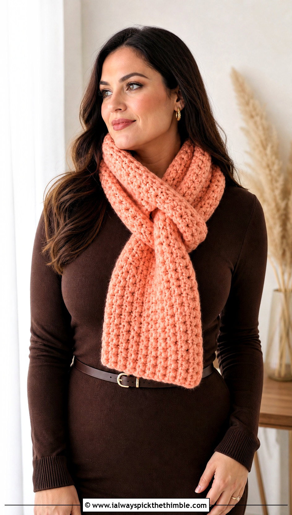 Keyhole Bulky Crochet Scarf With Sweater Dress - 15 Crochet For Scarves Using Bulky Yarn outfit ideas