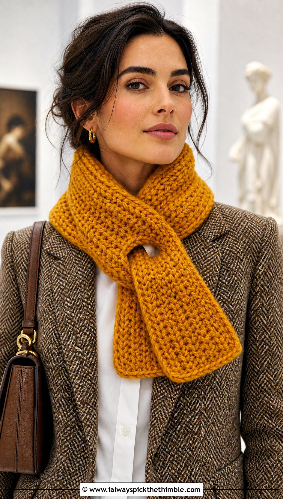 Keyhole Bulky Yarn Crochet Scarf With Tweed Blazer - 20 bulky yarn crochet scarf outfit ideas