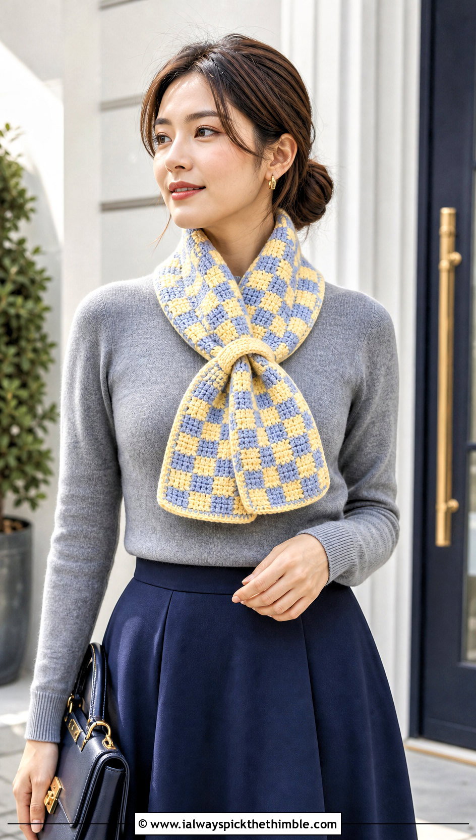Keyhole Checkered Crochet Scarf With Midi Skirt - 20 Checkered Crochet Scarf outfit ideas
