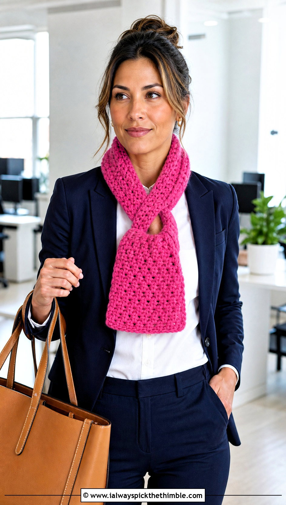 Keyhole Chunky Crochet Scarf With Blazer - 25 chunky crochet scarf outfit ideas