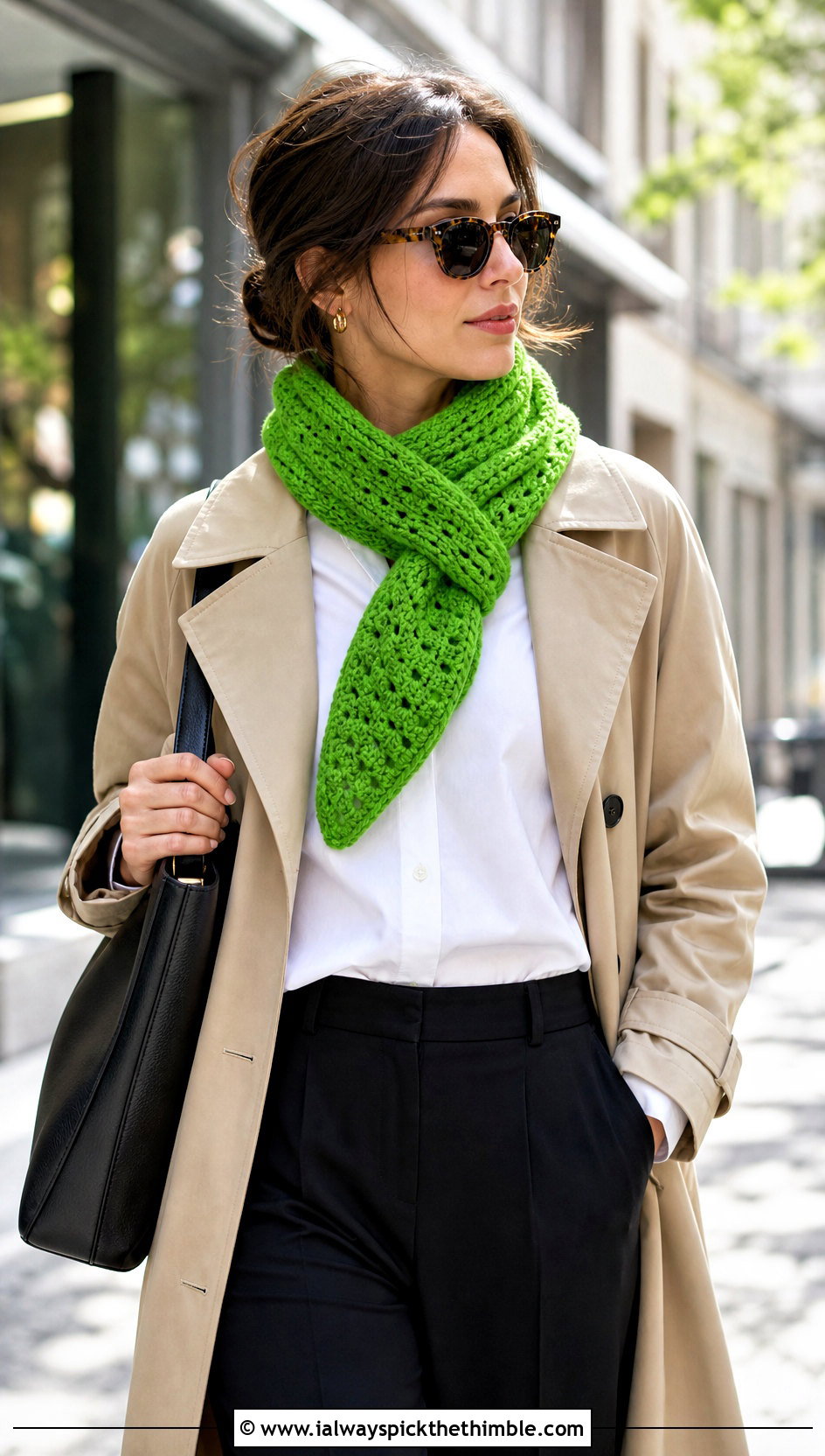 Keyhole Crochet Boomerang Scarf With Trench Coat - 15 Crochet Boomerang Scarf outfit ideas