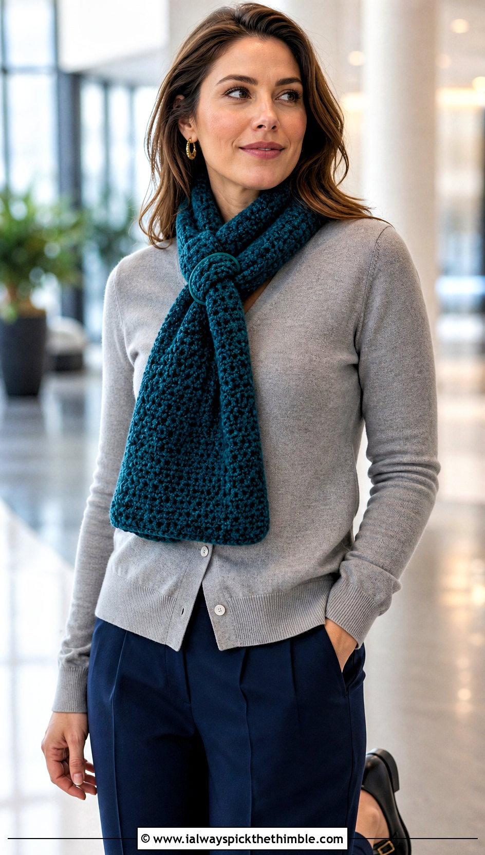 Keyhole Crochet Chenille Scarf With Cardigan And Trousers - 20 crochet chenille scarf outfit ideas